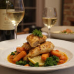 Final presentation of chicken aiguillette with vegetables on a beautifully set dining table.