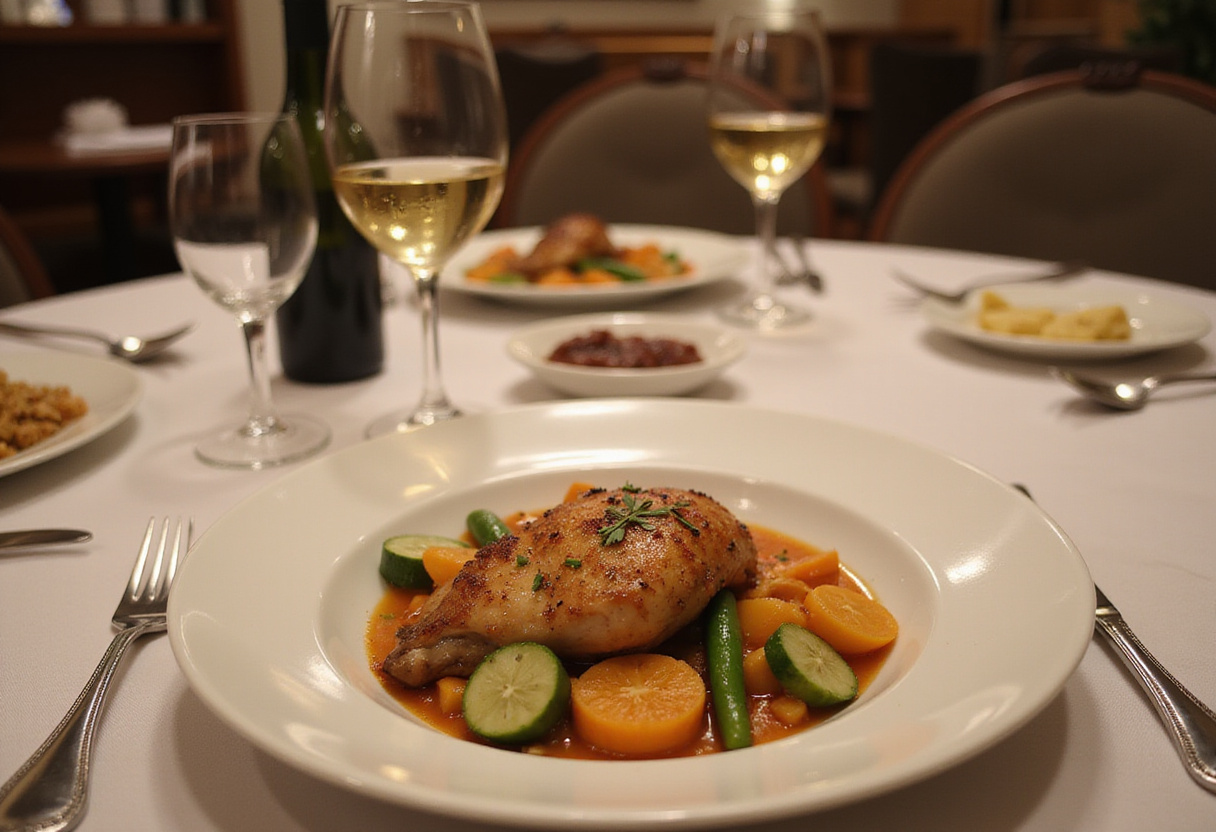 Présentation finale d'aiguillettes de poulet avec des légumes sur une table à manger magnifiquement dressée.