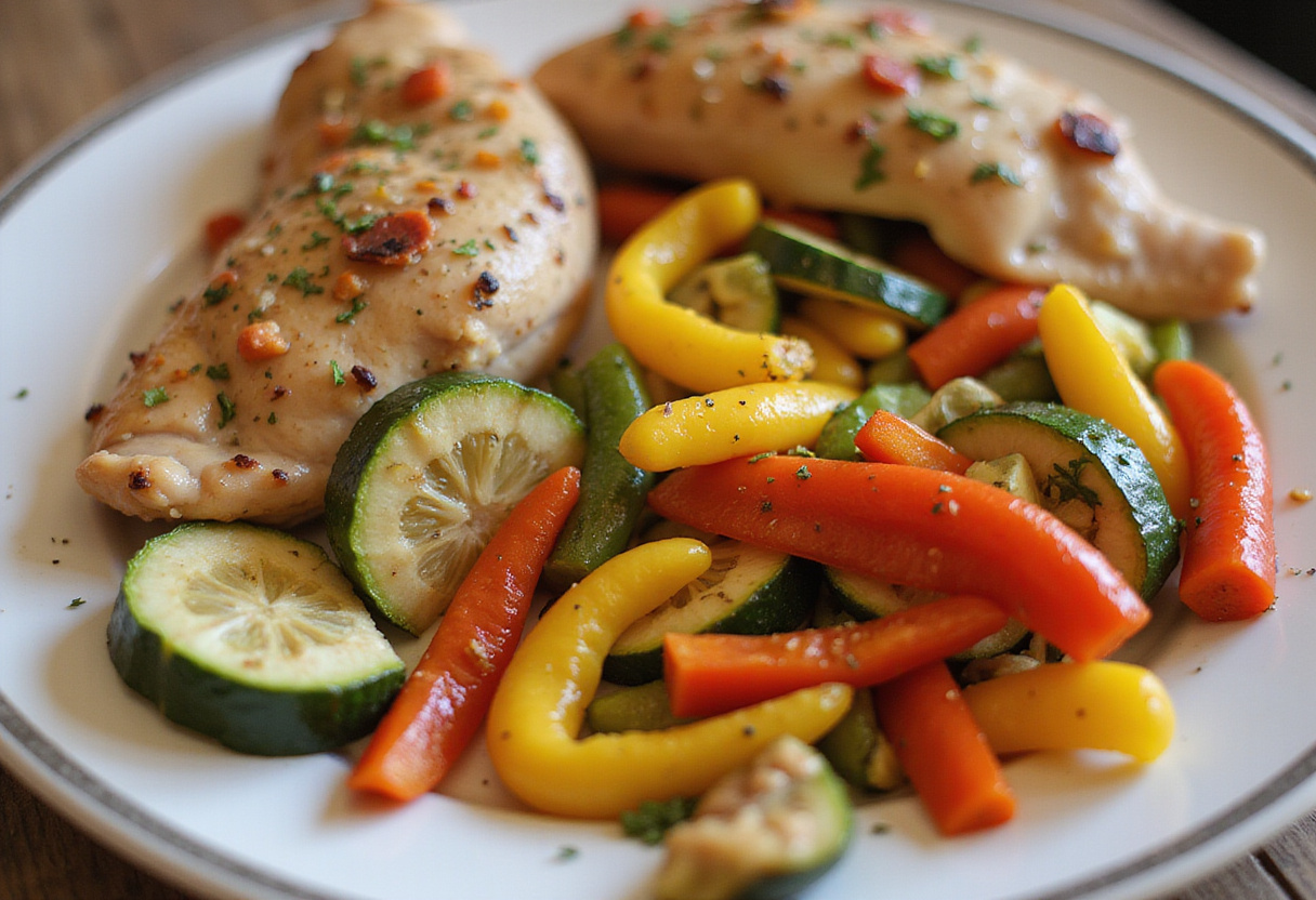 Légumes sautés en préparation pour être servis avec des aiguillettes de poulet pour un plat attrayant.