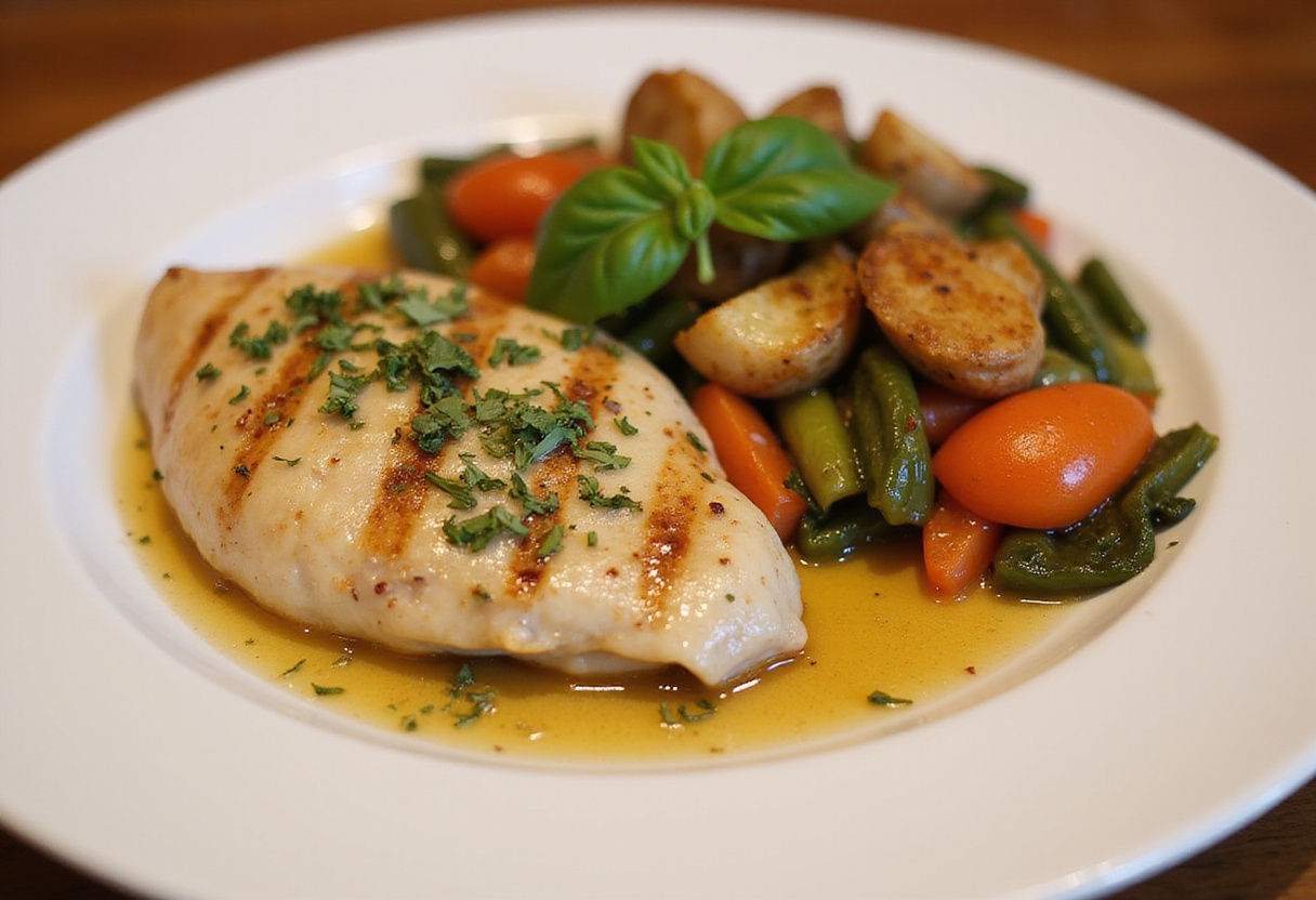 Aiguillettes de poulet cuites servies élégamment avec des légumes sautés dans une assiette.