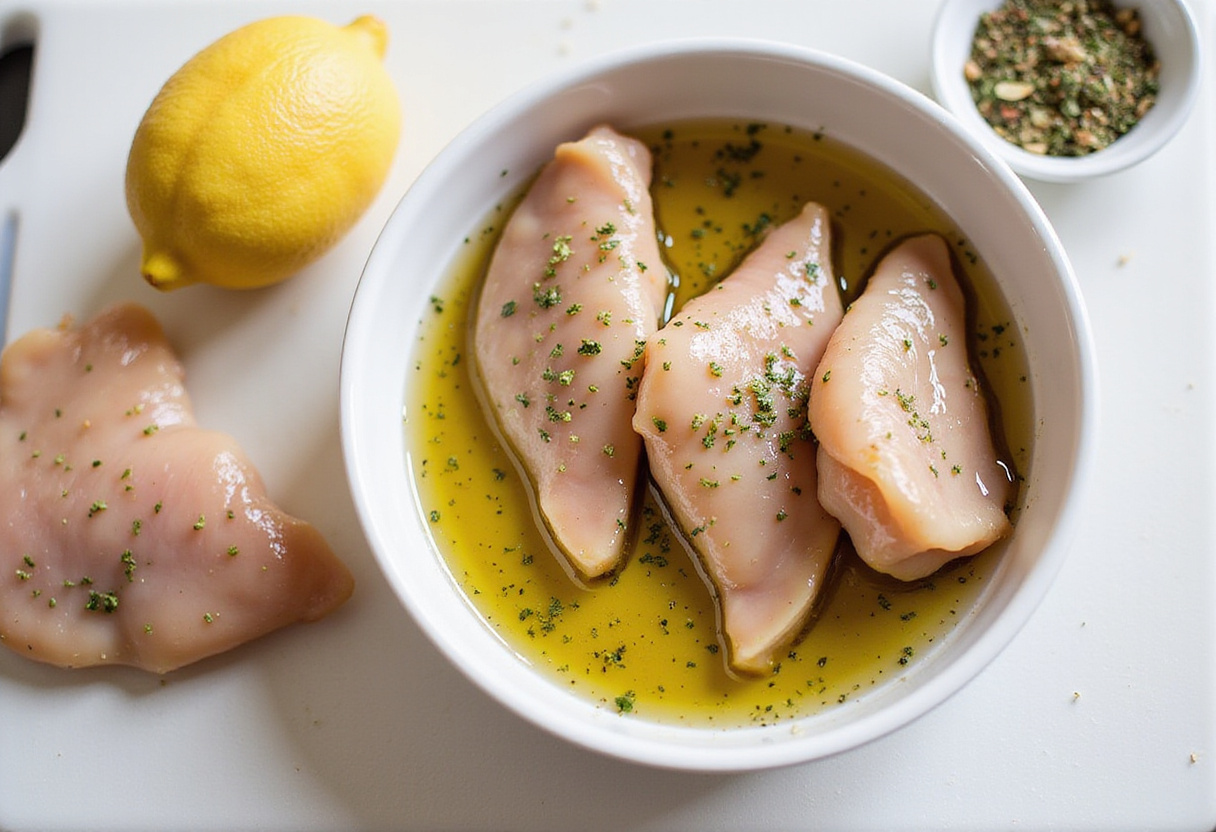 Marinating chicken tenders with olive oil and herbs for Aiguillette de Poulet.