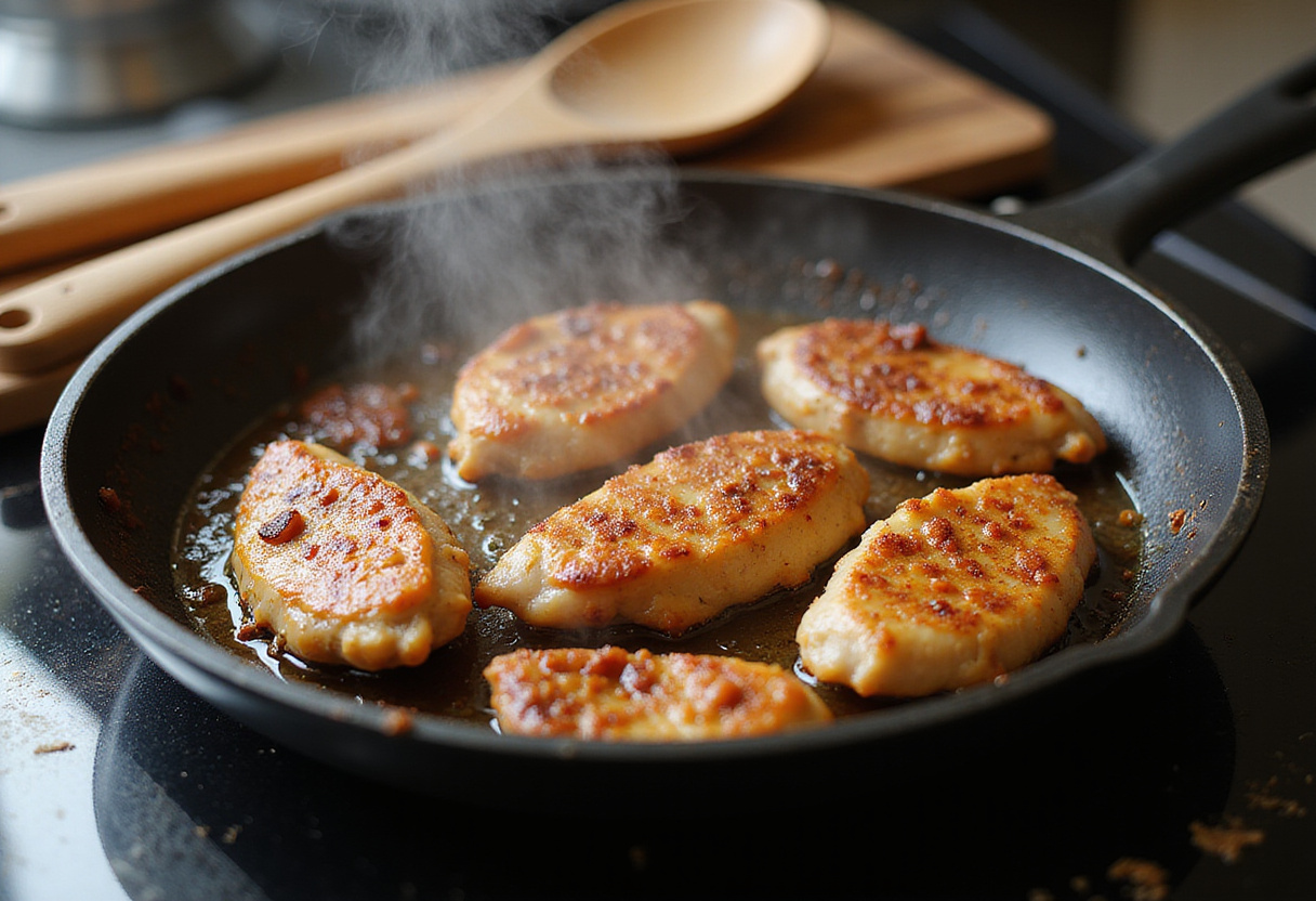 Cooking chicken tenders in a skillet for Aiguillette de Poulet recipe.