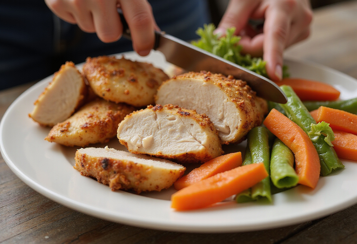 Sliced chicken tenders served for Aiguillette de Poulet, showcasing juicy texture and vibrant sides.