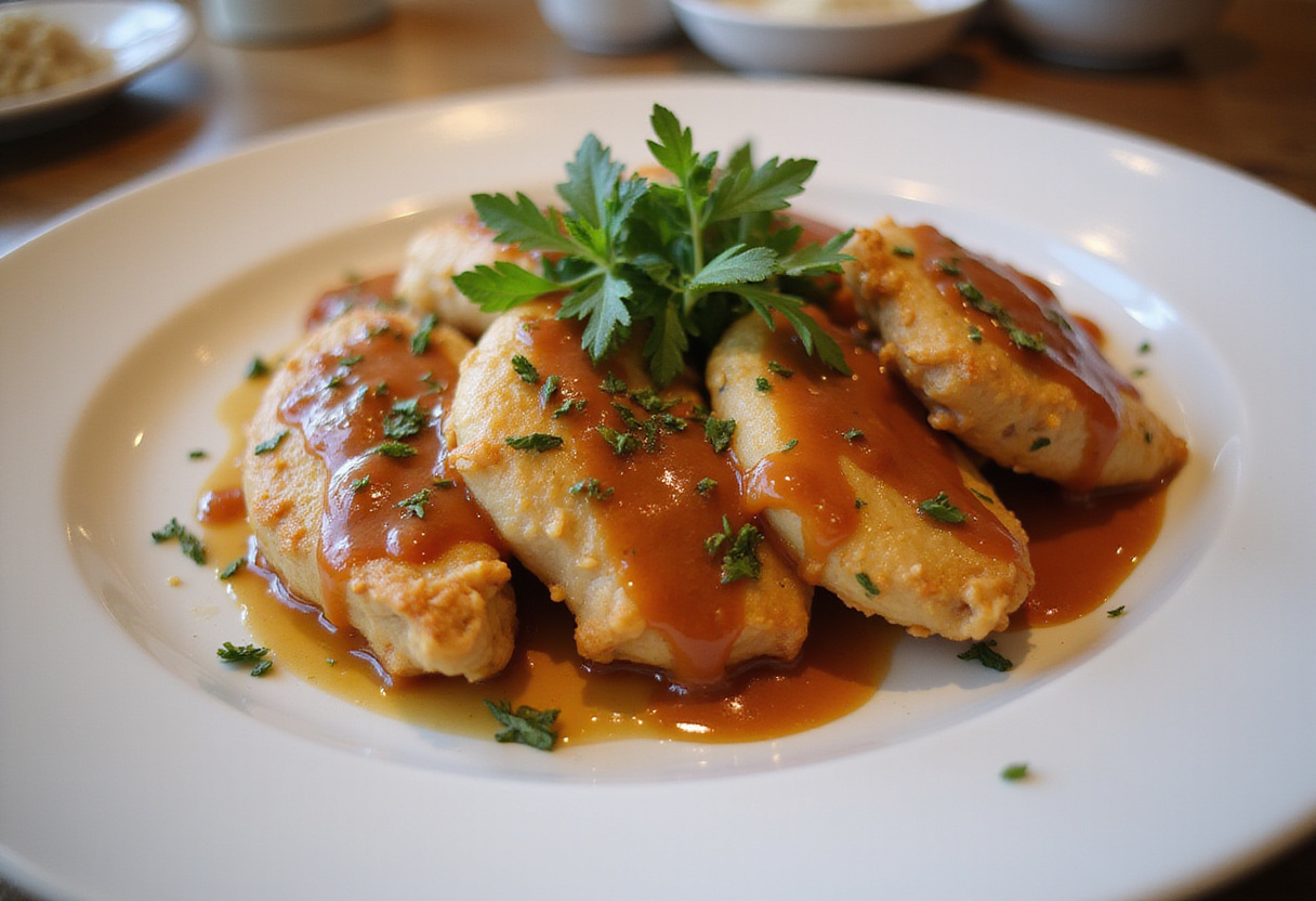Plated Aiguillette de Poulet with sauce and rice, ready for serving.