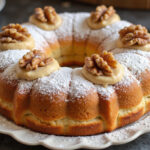 Beautifully presented Gâteau Aux Noix garnished for serving.
