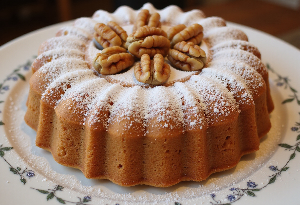 Beautifully presented Gâteau Aux Noix garnished for serving.