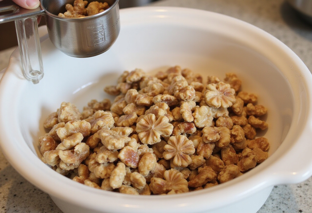 Bowl of chopped walnuts preparing for Gâteau Aux Noix recipe.