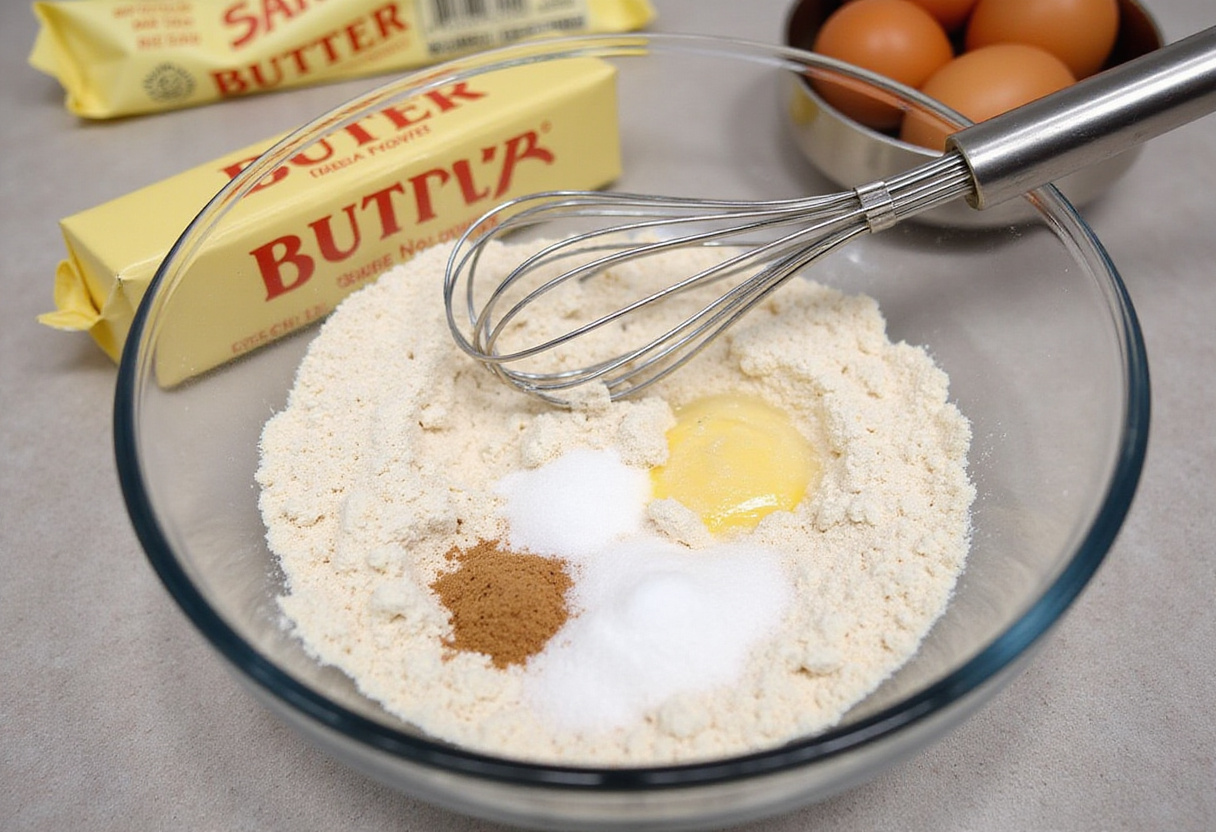 Mixing dry ingredients for Gâteau Aux Noix in a large bowl.