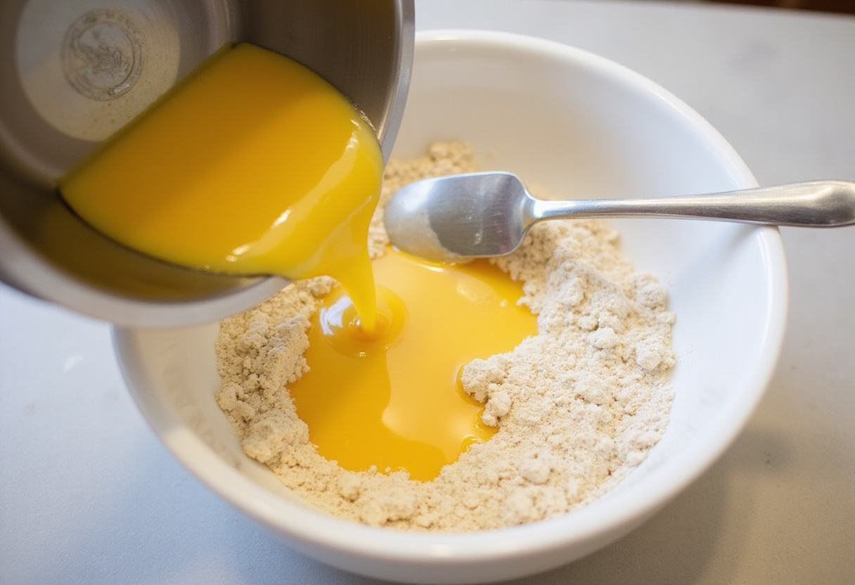 Combining wet ingredients with dry ingredients for Gâteau Aux Noix preparation.
