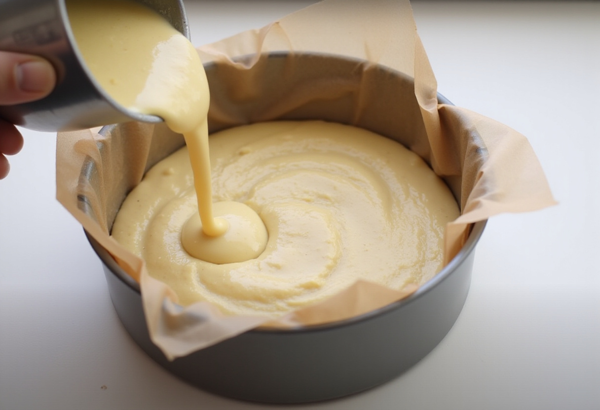 Pouring cake batter into the cake pan for Gâteau Aux Noix.