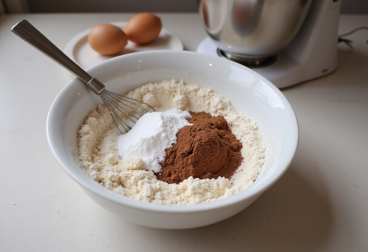 Mélange de farine, cacao et sucre pour Gâteau Banane Chocolat.