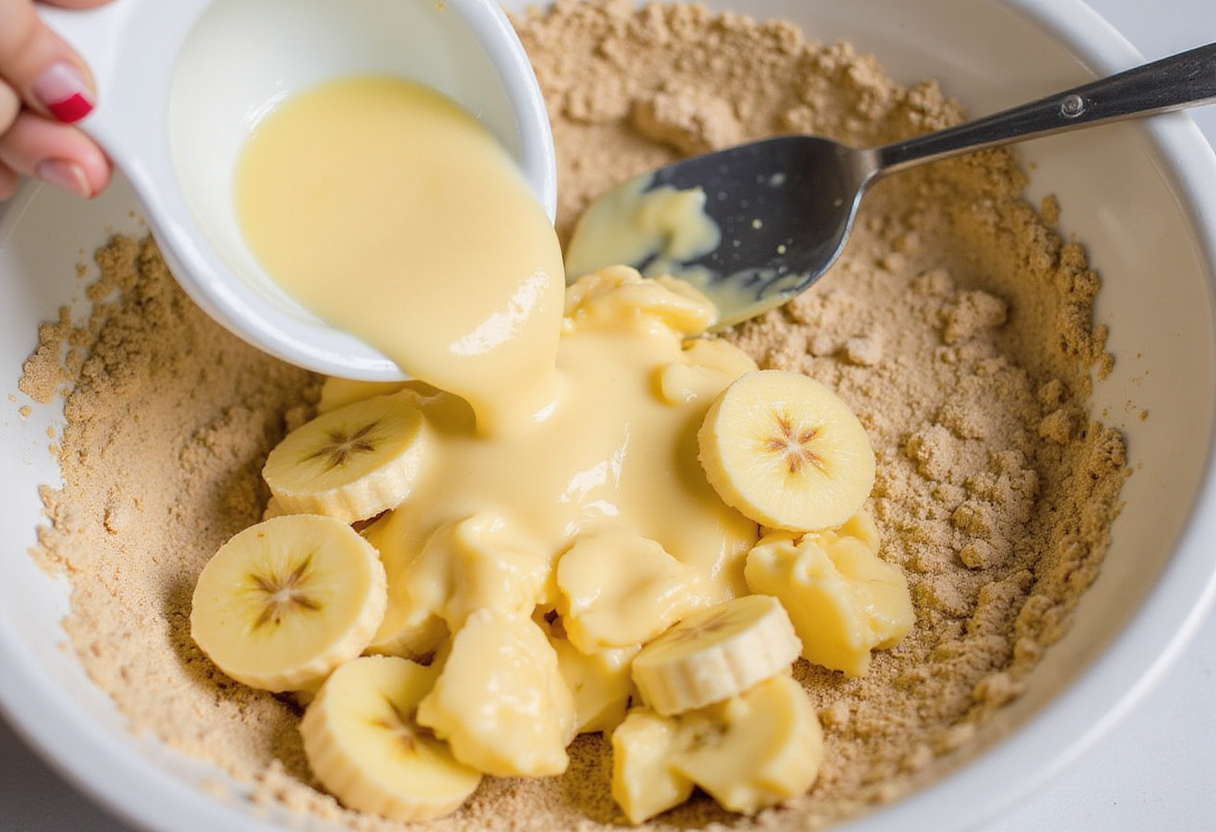 Purée de bananes ajoutée aux ingrédients secs pour préparer un Gâteau Banane au Chocolat.