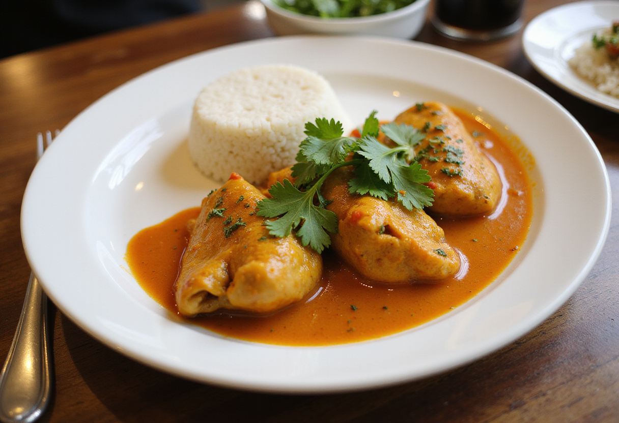 Finished Poulet Curry Coco served with rice, garnished with cilantro, ready for delicious dining.
