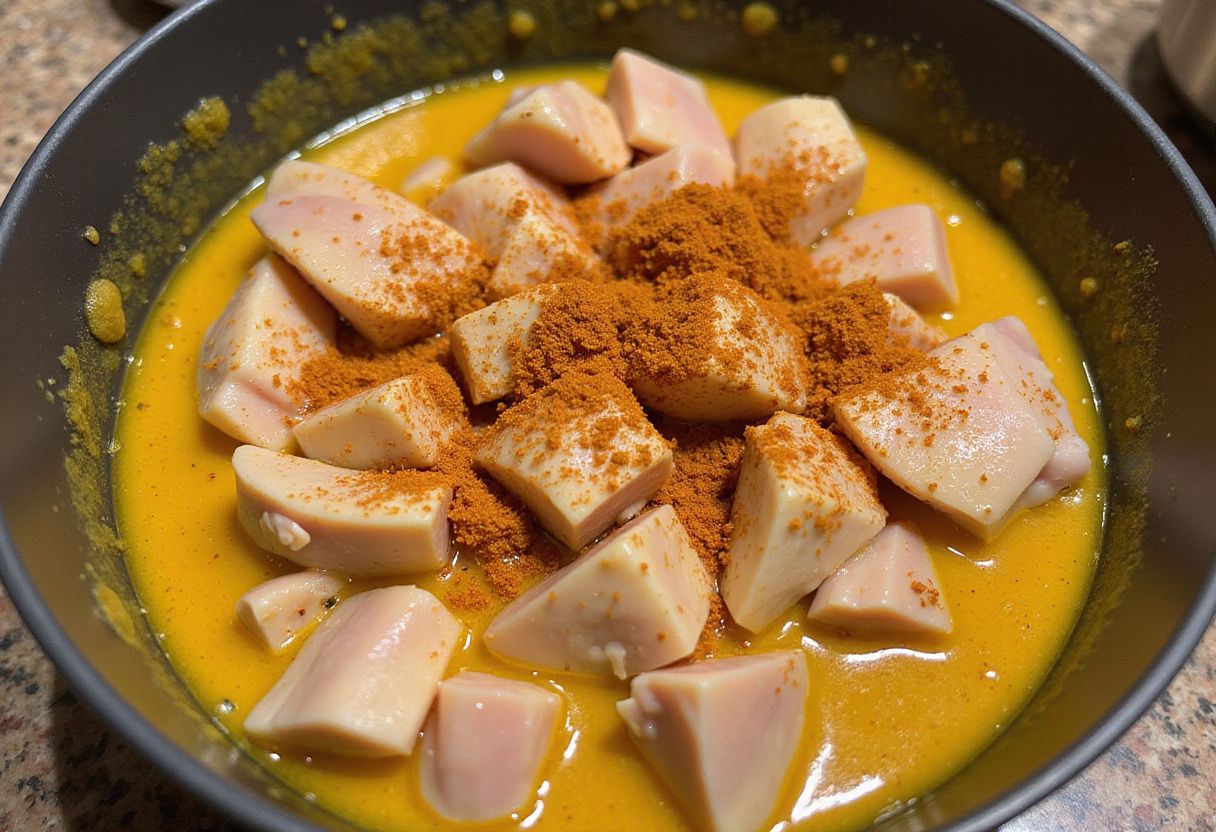 Marinated chicken pieces in coconut milk and curry spices for Poulet Curry Coco.
