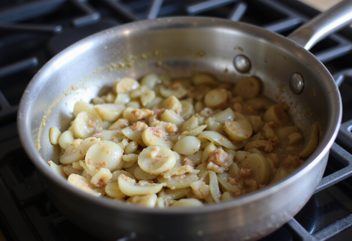 Sautéing onions and garlic for the Poulet Curry Coco recipe, enhancing flavor.