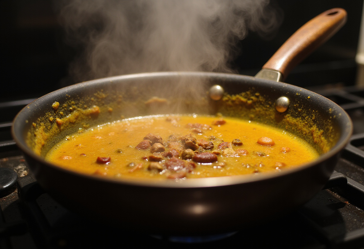 Simmering coconut curry chicken on the stove, filling the kitchen with enticing aromas.