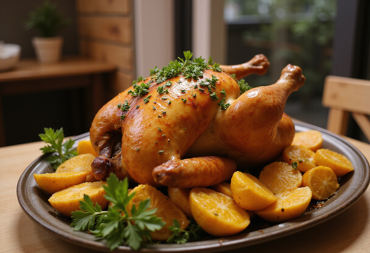 Perfectly roasted Poulet Au Four with golden vegetables, ready to enjoy.