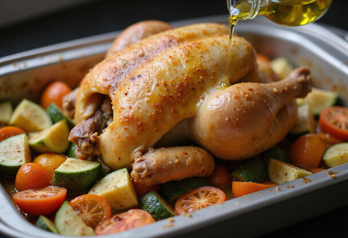 Chicken placed on vegetables in roasting pan for Poulet Au Four preparation.