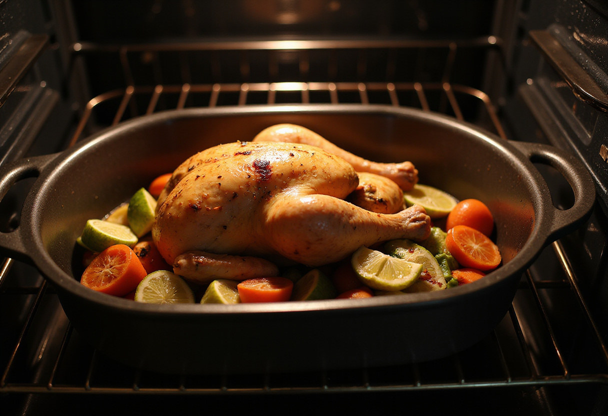 Roasting pan with chicken and vegetables going into the oven for cooking.