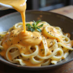 Sauce cheddar crémeux sur des pâtes, parfait pour un repas savoureux.