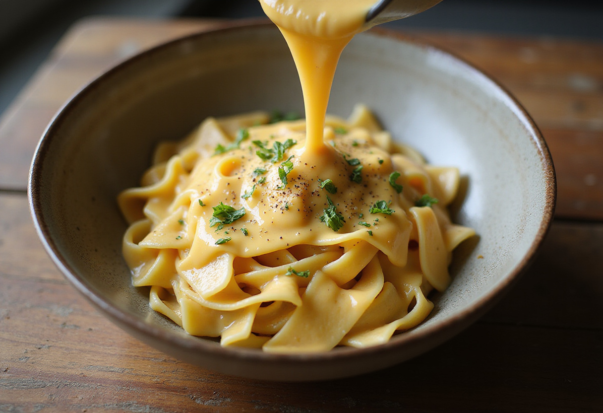 Sauce cheddar crémeux sur des pâtes, parfait pour un repas savoureux.