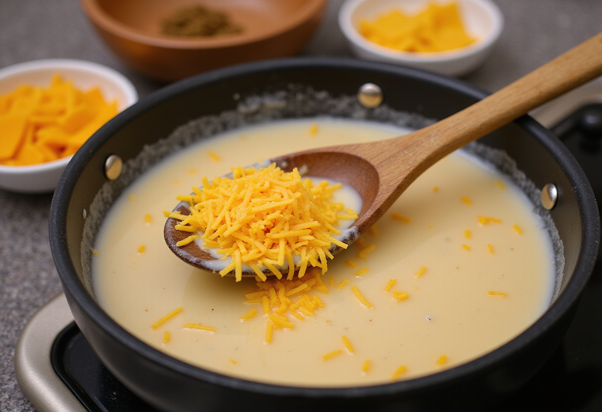 Fromage cheddar râpé mélangé dans du lait chaud pour la sauce cheddar.