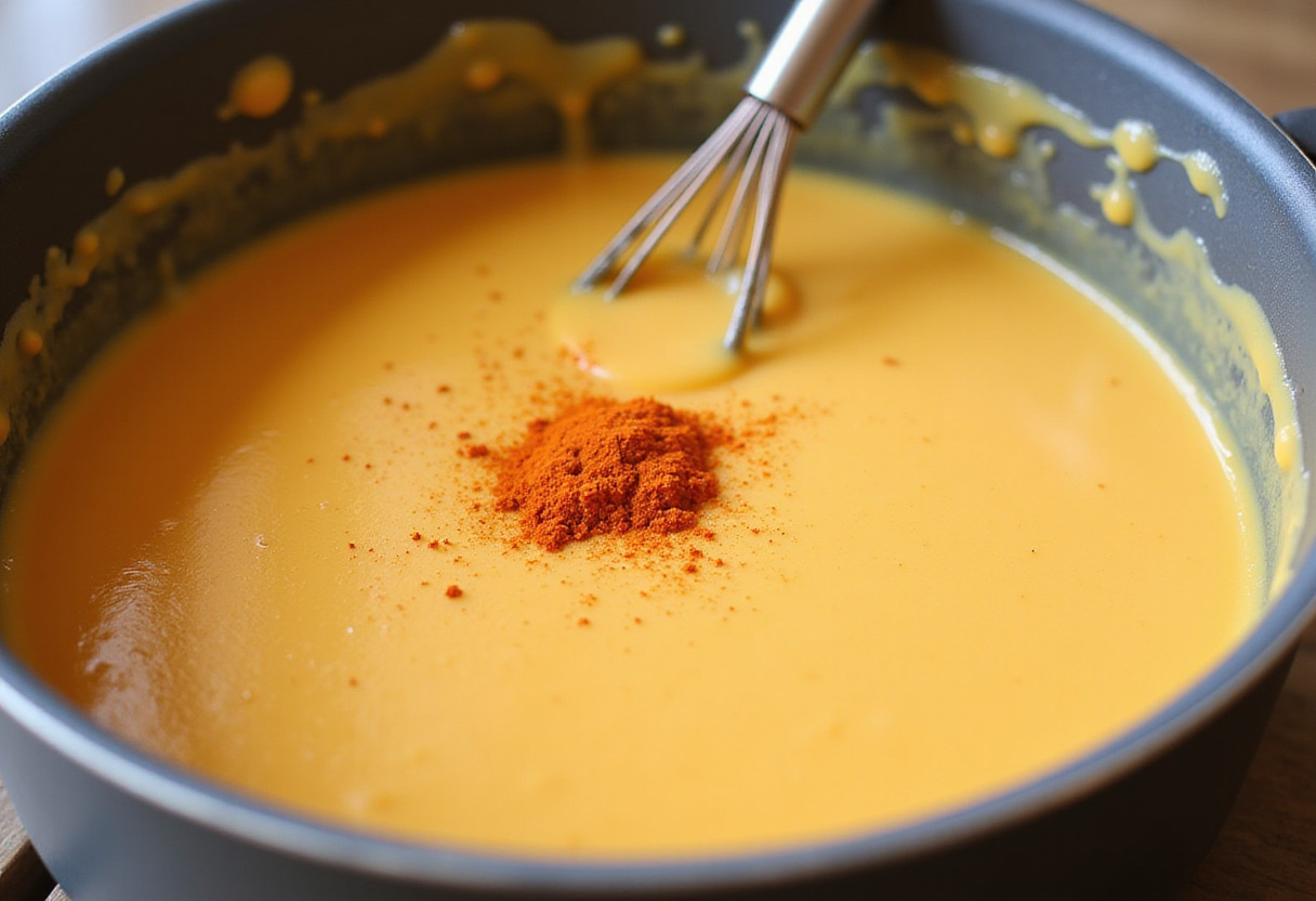 Sauce cheddar on the stove thickening with a sprinkle of paprika for added flavor.