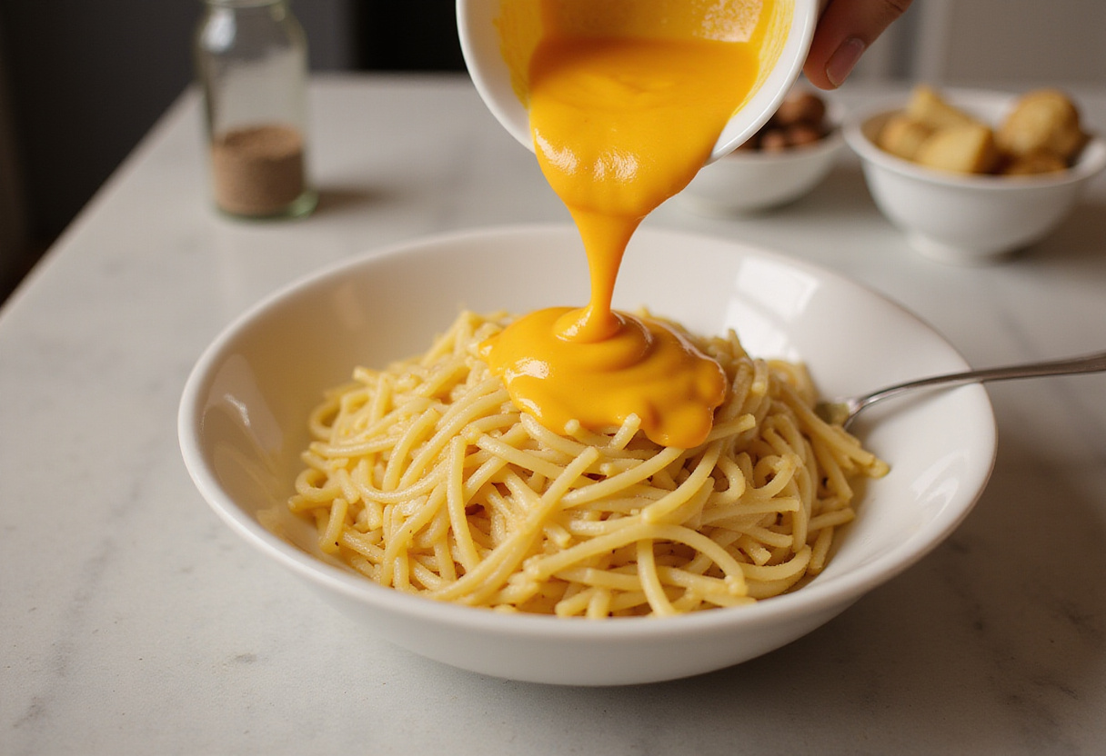 Pasta ready for cheddar sauce, surrounded by seasoning ingredients for the perfect blend.