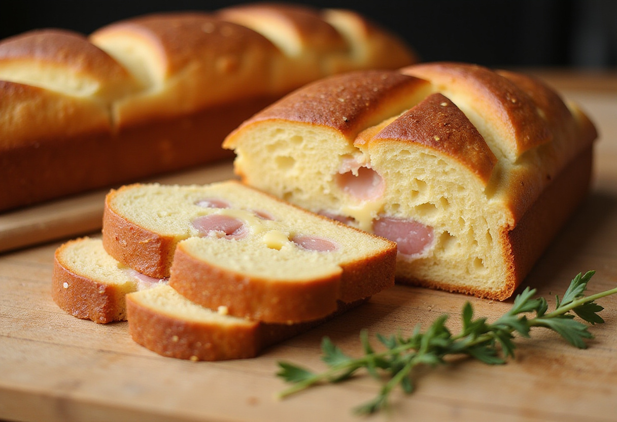 Tranche de Cake Jambon Fromage montrant sa texture délicieuse et ses ingrédients.