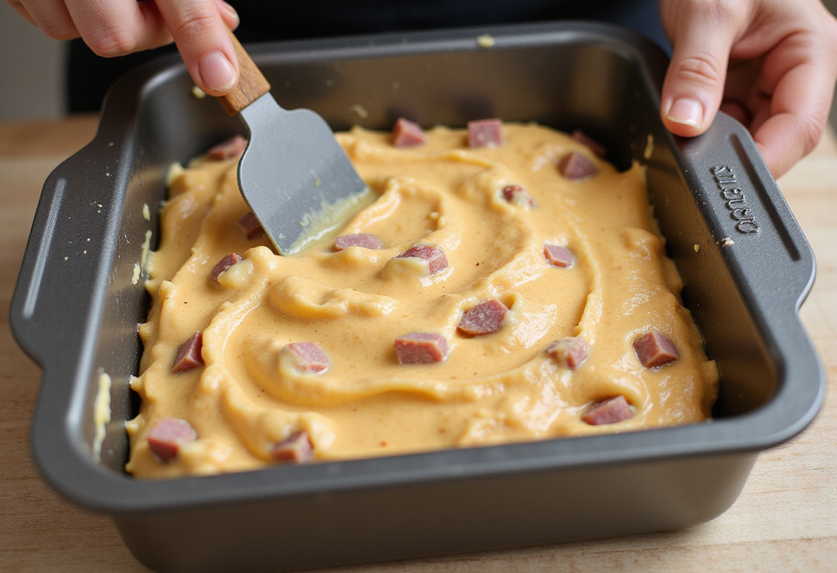 Pâte à cake jambon fromage versée dans un moule à cake.