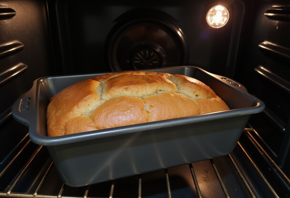 Moule à cake jambon fromage placé dans le four pour la cuisson.