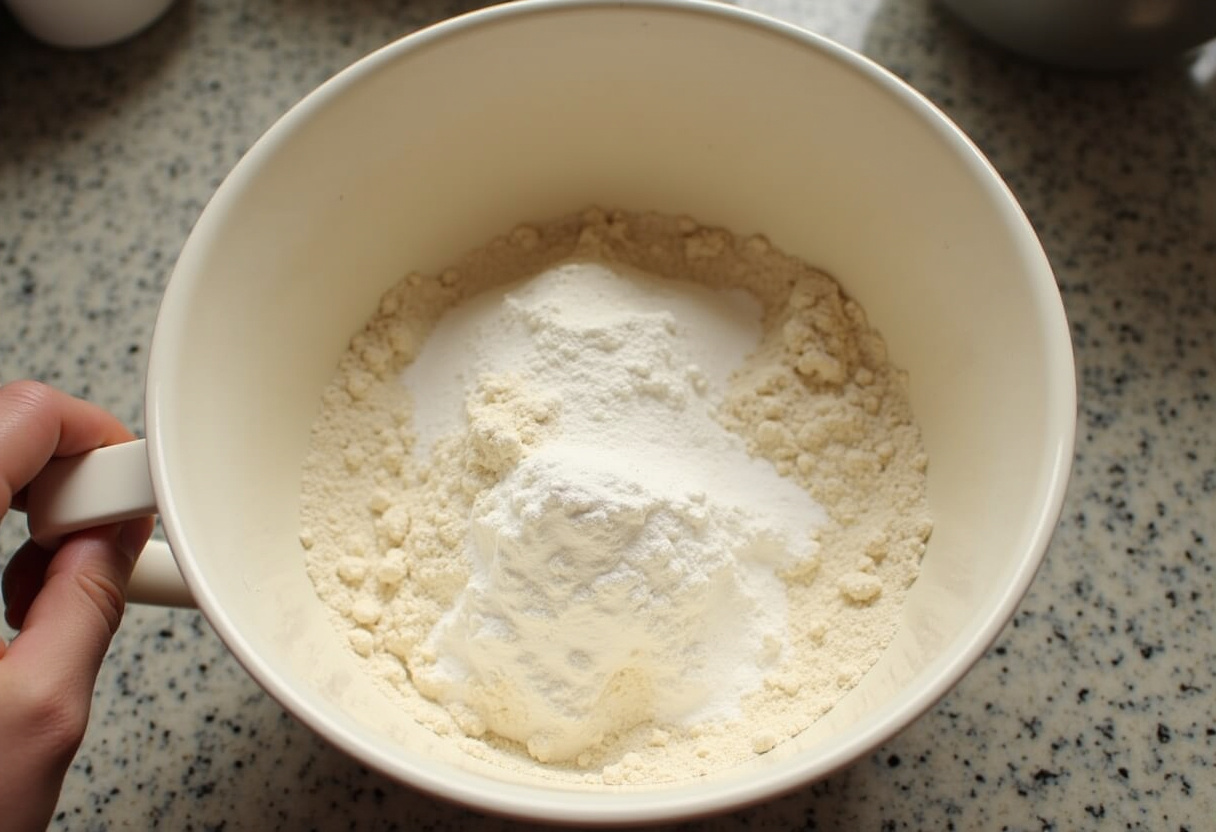 Ingredientes secos como harina, azúcar y polvo de hornear listos para hacer la casserole de gaufres.