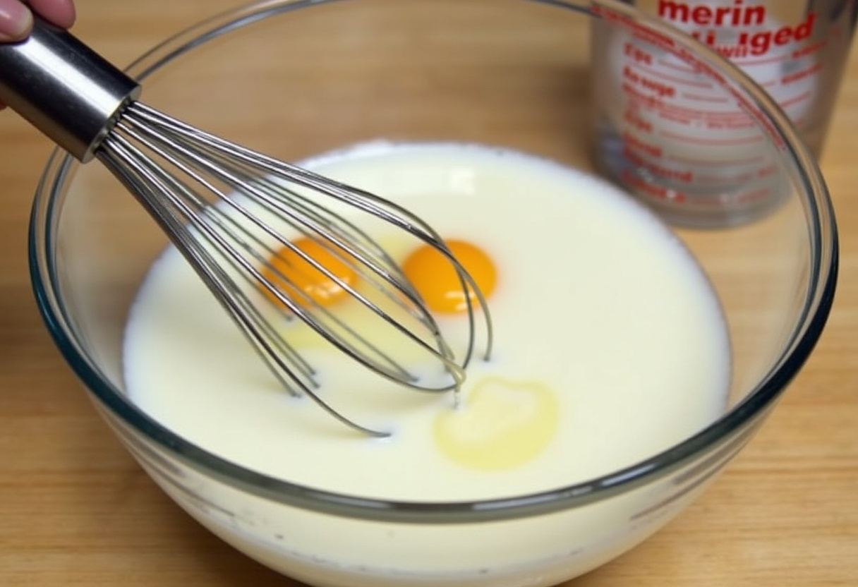 Mezcla de leche, mantequilla derretida y huevos para la casserole de gaufres.