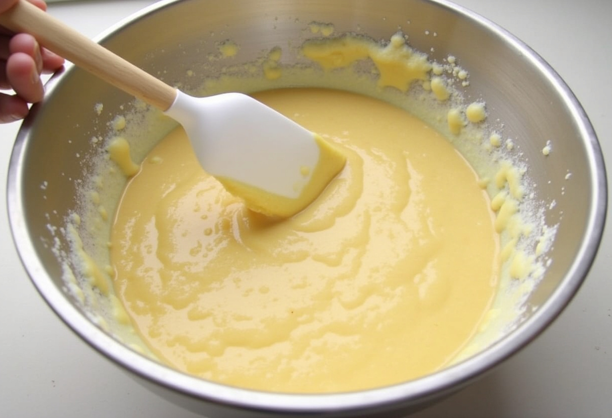 Mezcla de ingredientes húmedos y secos para formar la masa de la casserole de gaufres.