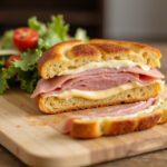 Tranche de Cake Jambon Fromage fraîchement cuite, prête à être dégustée.