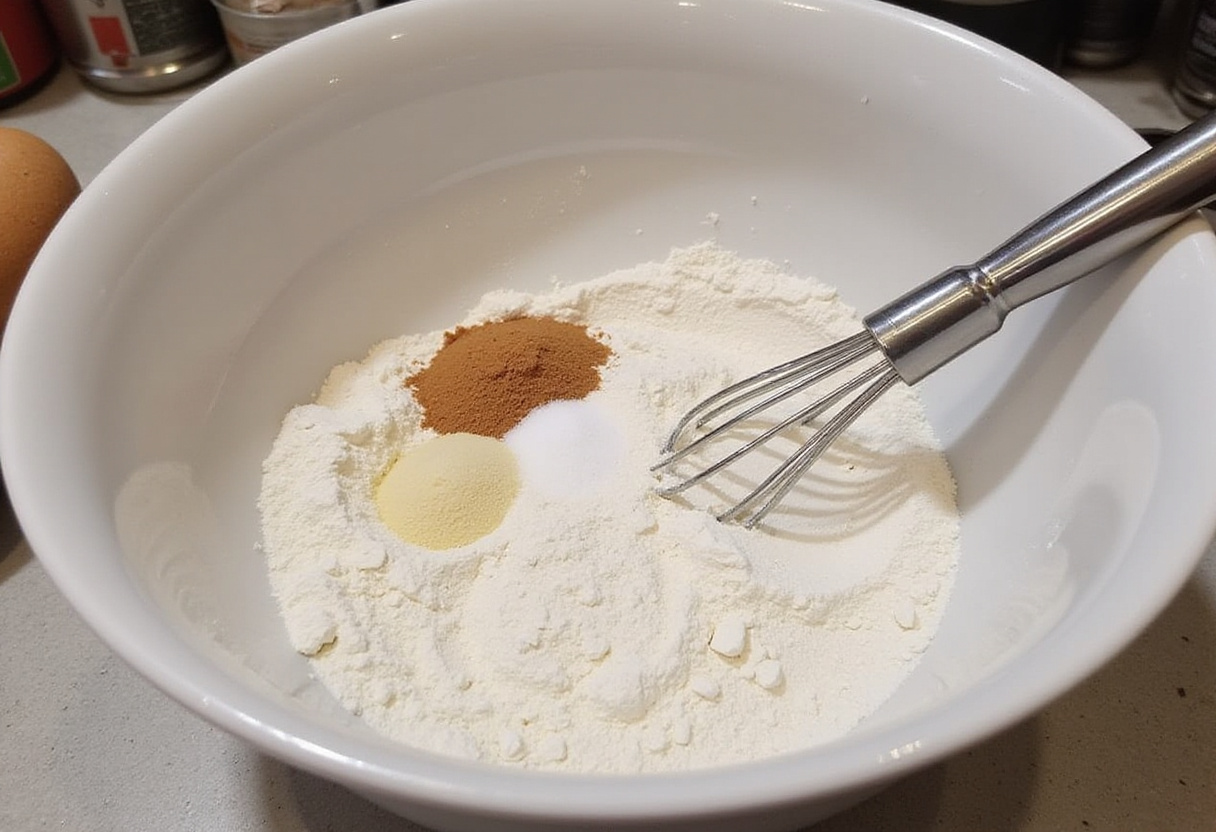 Ingrédients secs pour le Cake Jambon Fromage, mélange de farine, levure chimique et sel dans un bol.