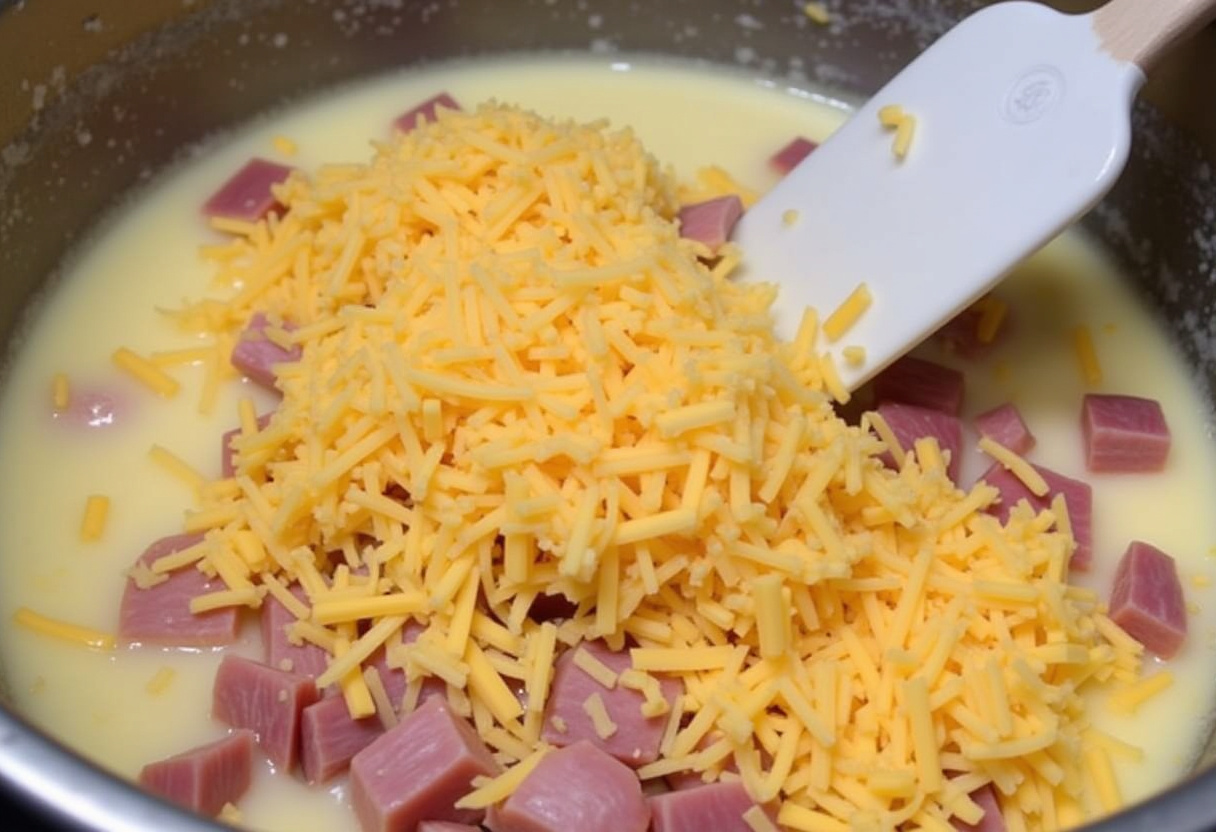 Préparation du mélange de jambon et de fromage pour le Cake Jambon Fromage.
