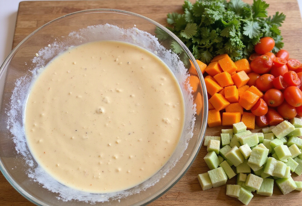 Batterie crémeuse pour Cake Jambon Fromage – étape de préparation avec des légumes colorés.