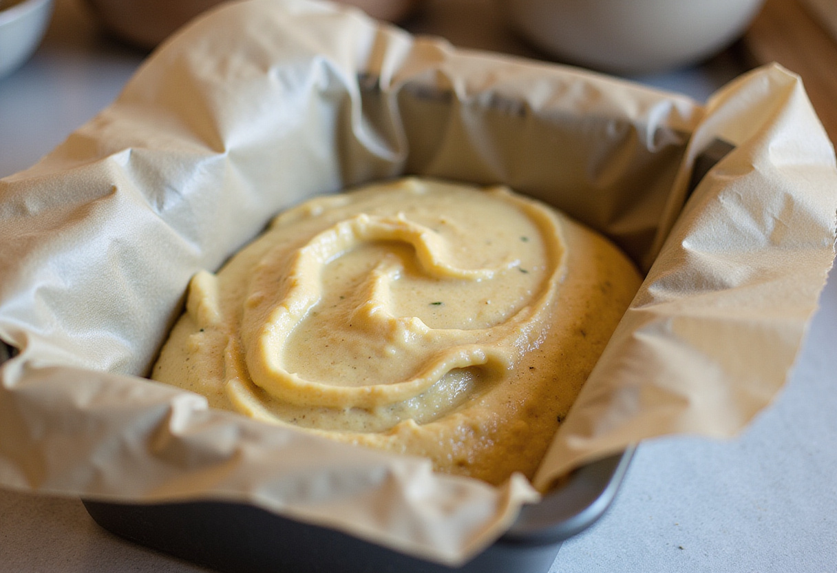 Préparation de la pâte pour Cake Jambon Fromage dans un moule à cake garni de papier sulfurisé.
