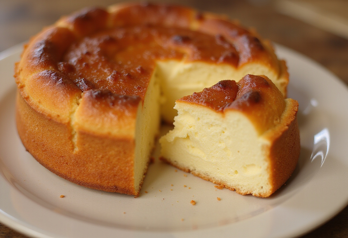 Gâteau au fromage blanc parfaitement cuit, prêt à être dégusté.