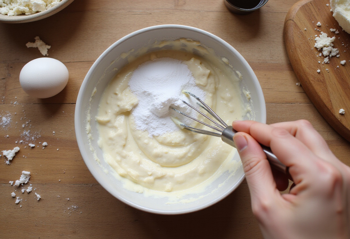 Mélange de fromage blanc et de sucre pour préparer un gâteau au fromage blanc.