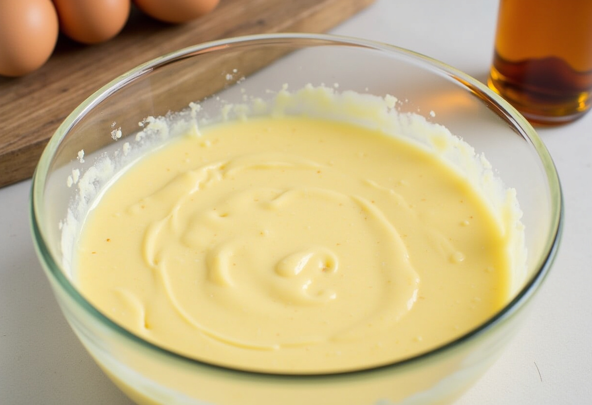 Ingrédients pour le gâteau au fromage blanc, mélange homogène prêt à recevoir les œufs et la vanille.