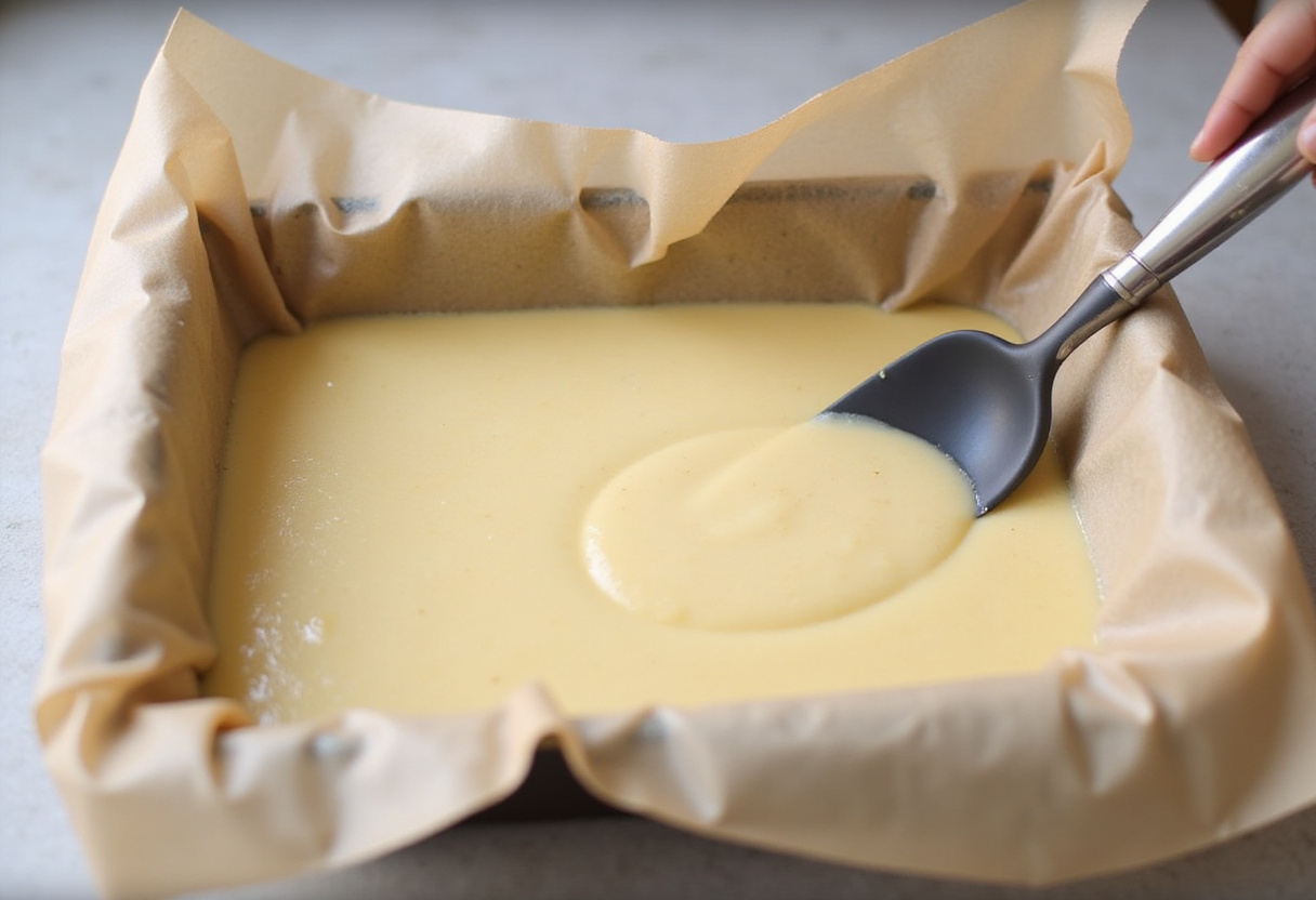 Préparation d'un plat à gâteau pour le gâteau au fromage blanc avec du papier sulfurisé.