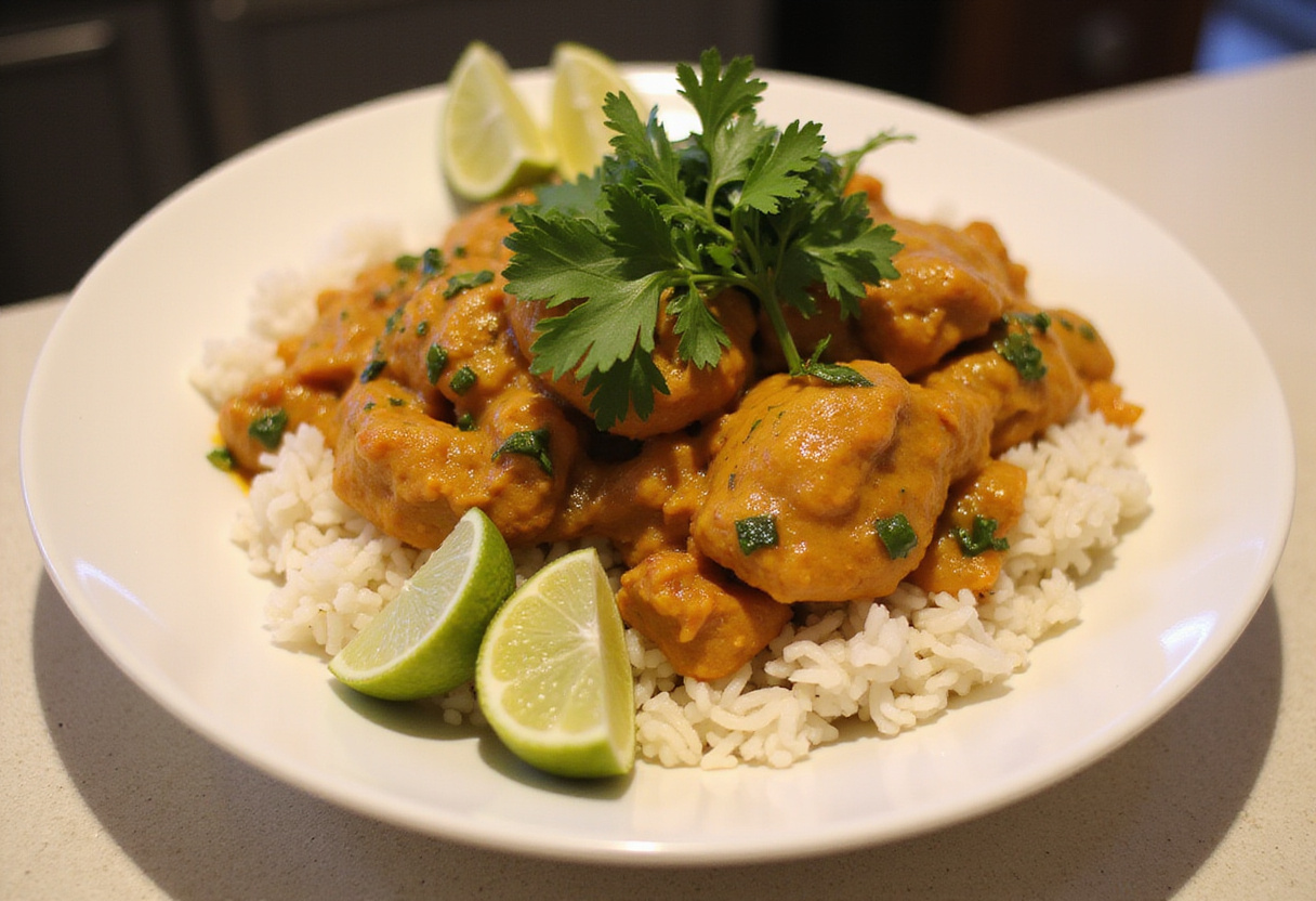 Delicious Poulet Curry served with rice, garnished with cilantro and lime, ideal for a homemade meal.