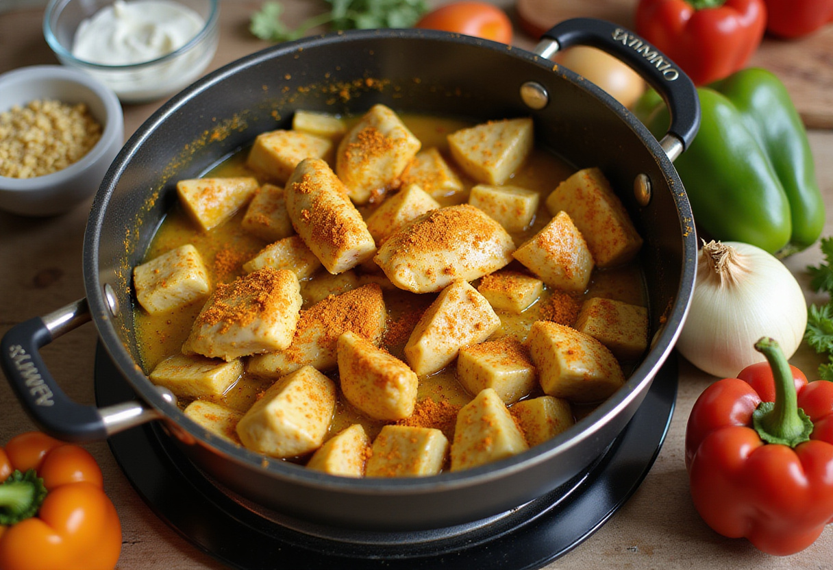 Diced chicken marinating with spices for Poulet Curry preparation.