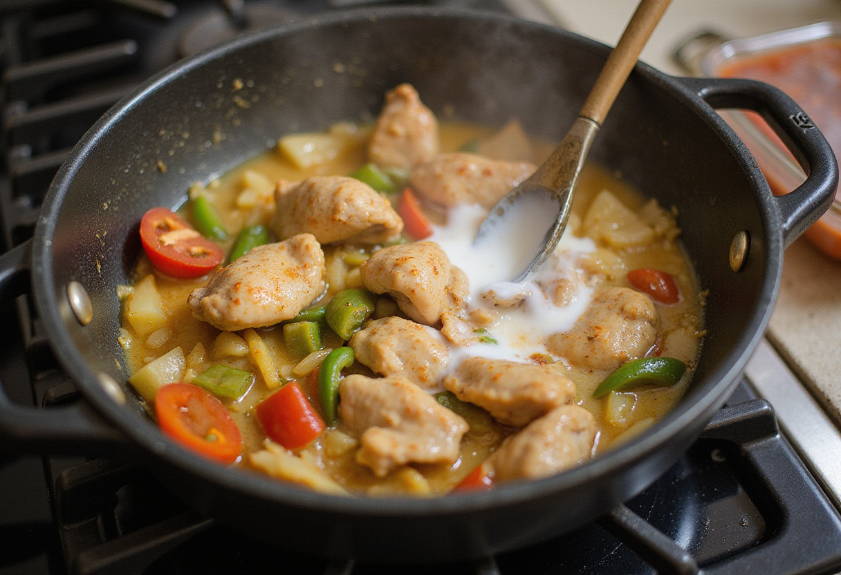 Sautéing marinated chicken with vegetables and coconut milk for delicious Poulet Curry.