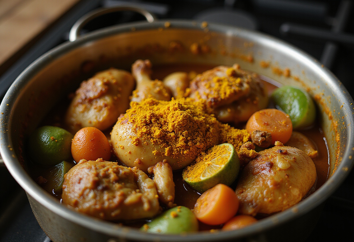 Adding spices to the simmering chicken and vegetables for Poulet Curry.