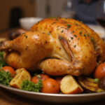 Finished Poulet Au Four, a delicious roasted chicken with vegetables, perfect for family gatherings.