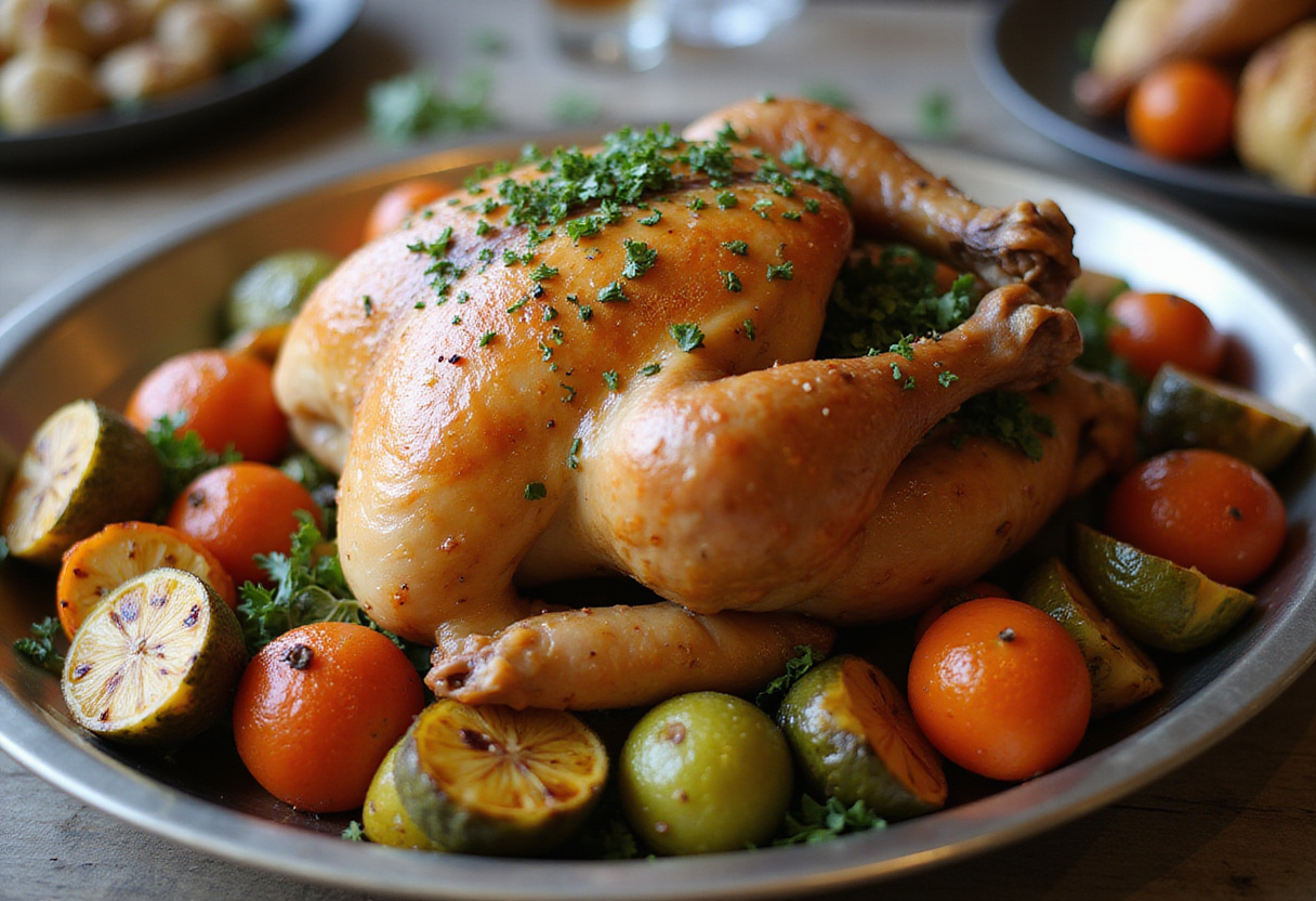 Poulet Au Four fini, un délicieux poulet rôti avec des légumes, parfait pour les réunions de famille.