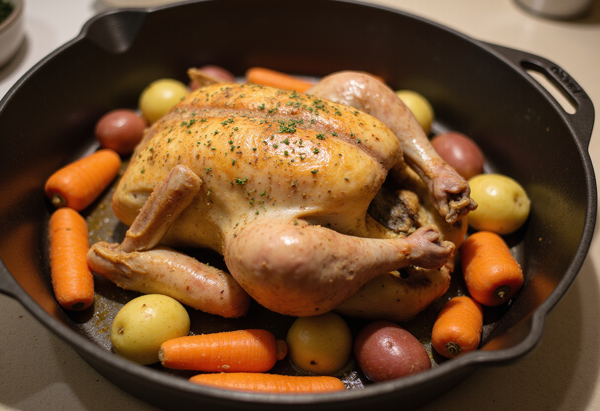 Poulet entier assaisonné d'herbes et de légumes frais préparé pour la cuisson au four dans la recette du Poulet Au Four.